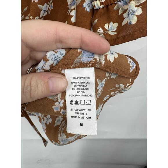 Pleione Floral Blouse Women Medium Rust Orange Cinch Front Peasant Bohemian - Picture 4 of 6